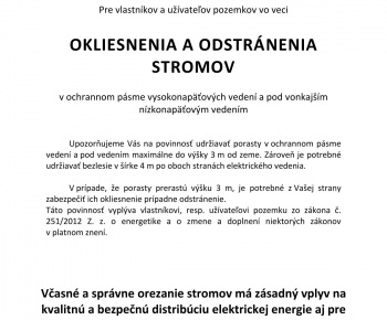 Úradná tabuľa / VSD upozornenie pre vlastníkov a užívateľov pozemkov vo veci okliesnenia a odstránenia stromov - foto