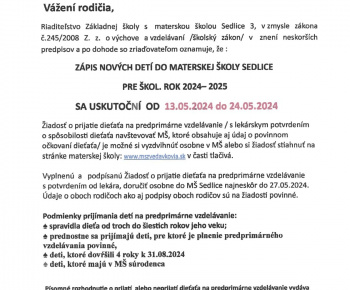 Aktuality / Zápis detí do Materskej školy Sedlice - foto